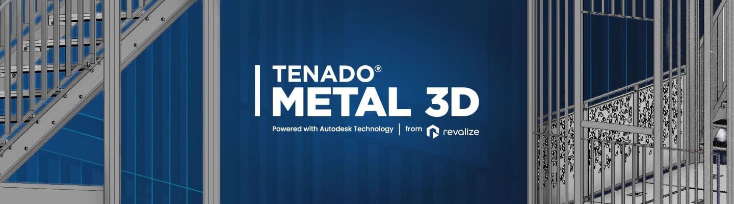 Blue banner featuring the text TENADO METAL 3D with metal stair and railing designs on the left and right edges.