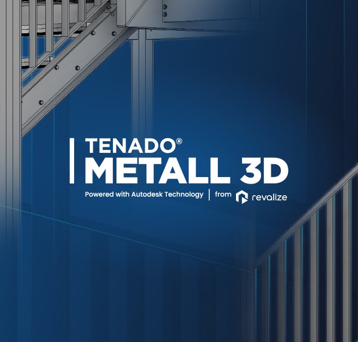 Steel staircase CAD drawing with the text TENADO METALL 3D Powered with Autodesk Technology from Revalize over a blue background, showcasing precision Blechbearbeitung.