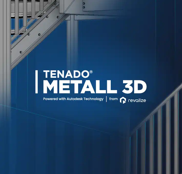 Steel staircase CAD drawing with the text TENADO METALL 3D Powered with Autodesk Technology from Revalize over a blue background, showcasing precision Blechbearbeitung.