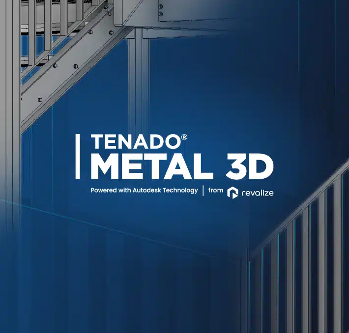 A digital rendering of a metal staircase highlights sheet metal processing, with the text TENADO METAL 3D Powered with Autodesk Technology from Revalize overlaid on a blue gradient background.
