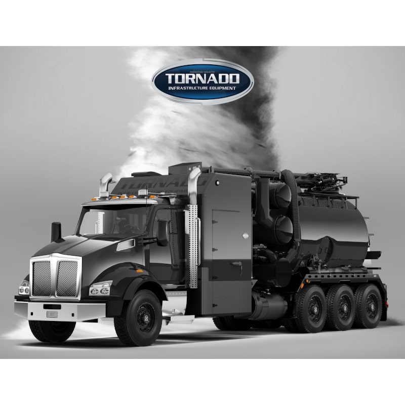 Schwarzer Hydrobagger mit sechs Rädern der Marke Tornado Land Vehicles, der Dampf ausstößt, auf einem einfarbigen grauen Hintergrund mit dem Firmenlogo darüber.