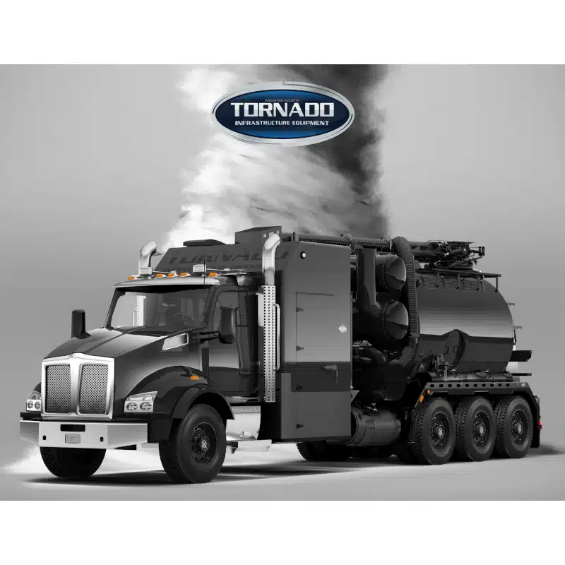 Black Tornado Land Vehicles-branded hydro excavation truck with six wheels, shown releasing vapor or steam, on a plain gray background with the company logo above.
