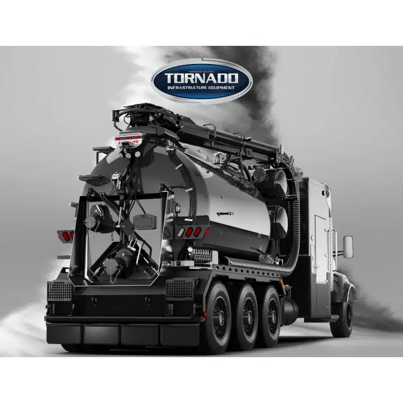 A large Tornado-branded industrial vacuum truck, part of the Tornado Land Vehicles lineup, is shown from the rear, featuring multiple hoses and equipment for infrastructure maintenance.