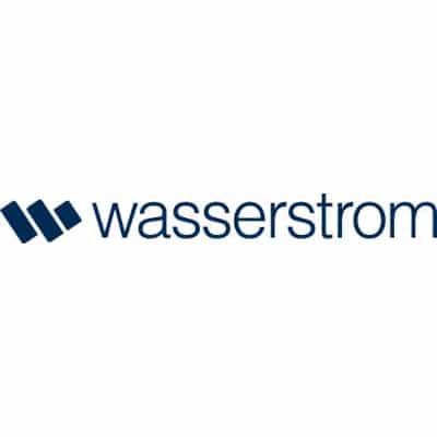 Wasserstrom logo featuring two blue slanted rectangles next to the lowercase word wasserstrom in blue on a white background.