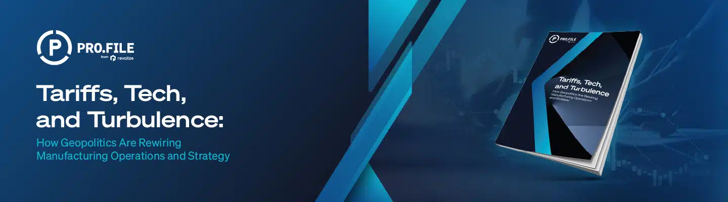 Banner displaying the report "Tariffs, Tech, and Turbulence" by Pro.file my medac, highlighting how geopolitics drives manufacturing transformation and impacts operations and strategy.