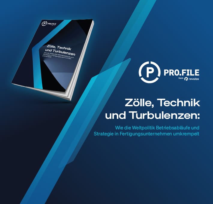 Booklet titled Zölle, Technik und Turbulenzen beside PRO.FILE logo and subtitle about global politics impacting manufacturing transformation, business processes, and strategy, all set against a blue background.