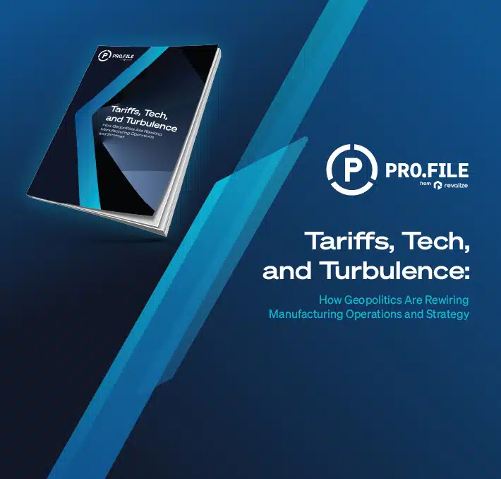 A booklet titled Tariffs, Tech, and Turbulence is displayed on a blue background with the Pro.file logo and subtitle about how geopolitics impacts manufacturing transformation and overall strategy.