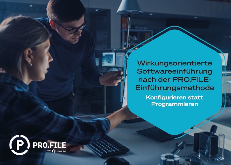 Two people work at a computer in an office. German text promotes PRO.FILE software, highlighting plm for manufacturing and emphasizing configuration over programming during software implementation.