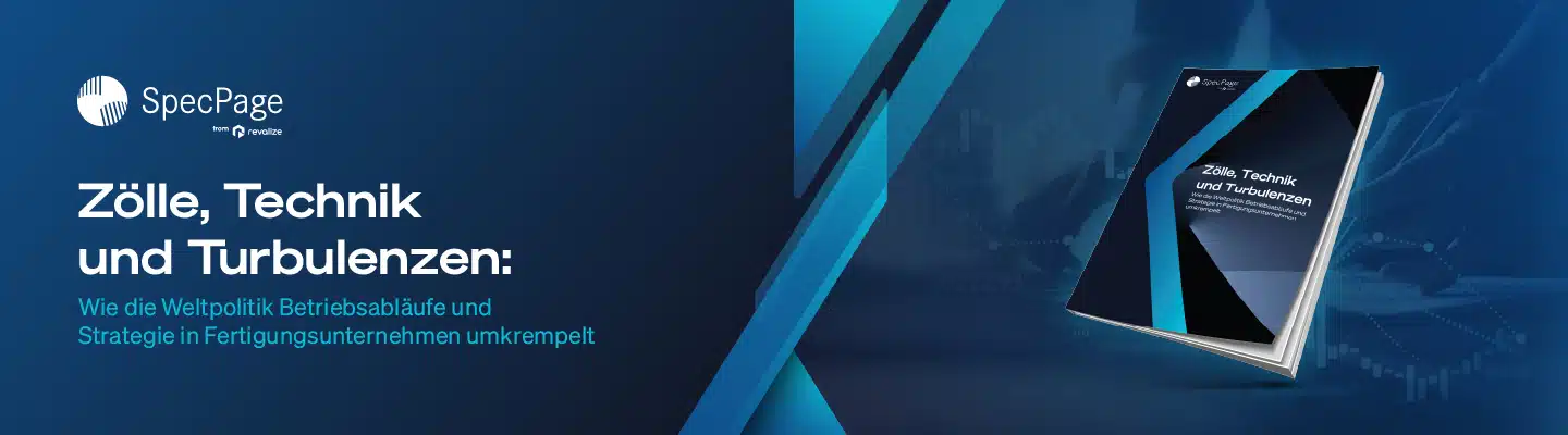 A promotional banner for a SpecPage publication titled Zölle, Technik und Turbulenzen featuring a book cover and text about global politics impacting Resilienz in the Lebensmittelbranche und Getränkeindustrie.