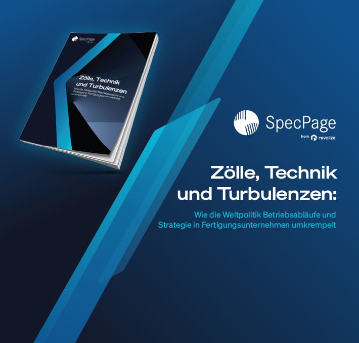 A brochure titled Zölle, Technik und Turbulenzen is displayed on a blue background next to the SpecPage logo and German text outlining how Resilienz in der Lebensmittelbranche und Getränkeindustrie gestärkt werden kann.