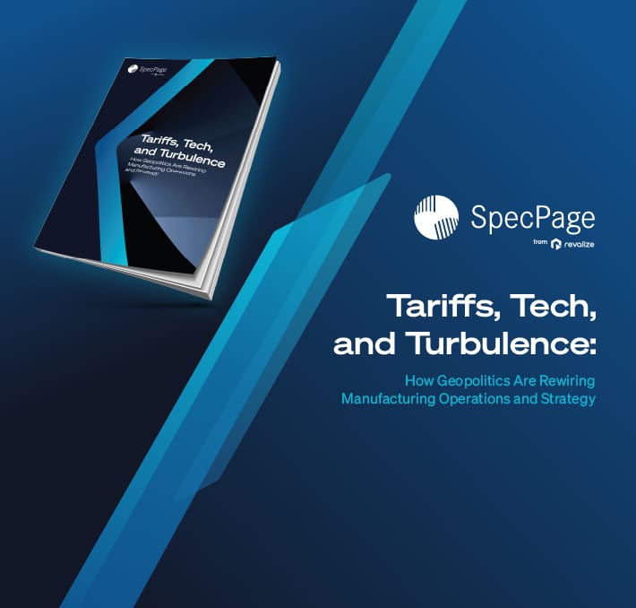 A brochure titled Tariffs, Tech, and Turbulence—focused on food and beverage manufacturing resilience—is displayed above the SpecPage logo and report title on a blue background.