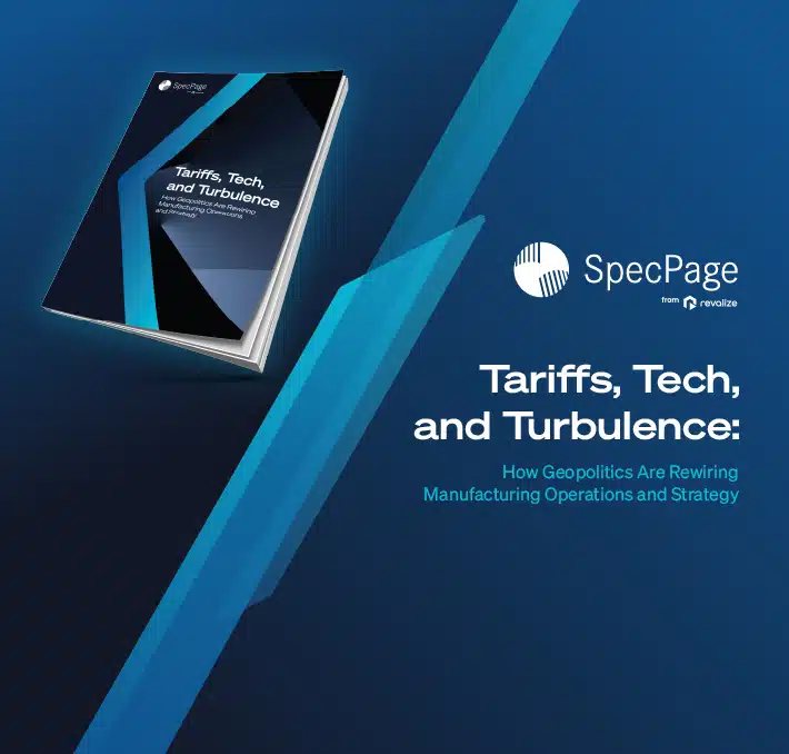 A brochure titled Tariffs, Tech, and Turbulence—focused on food and beverage manufacturing resilience—is displayed above the SpecPage logo and report title on a blue background.