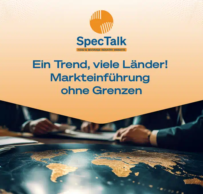 A table with a world map, documents, and people discussing SpecTalk; above, text in German highlights market introduction trends for SpecTalk across various countries.
