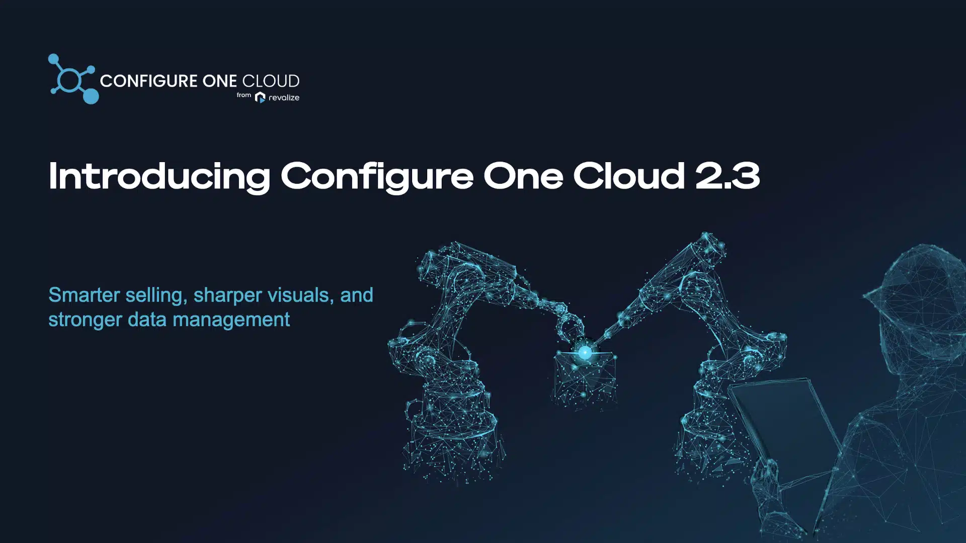 Digital illustration with robotic arms and a figure using a tablet, highlighting the launch of Configure One Cloud 2.3—building on the innovations of Configure One Cloud 2.2.0—with smarter selling, sharper visuals, and stronger data management.