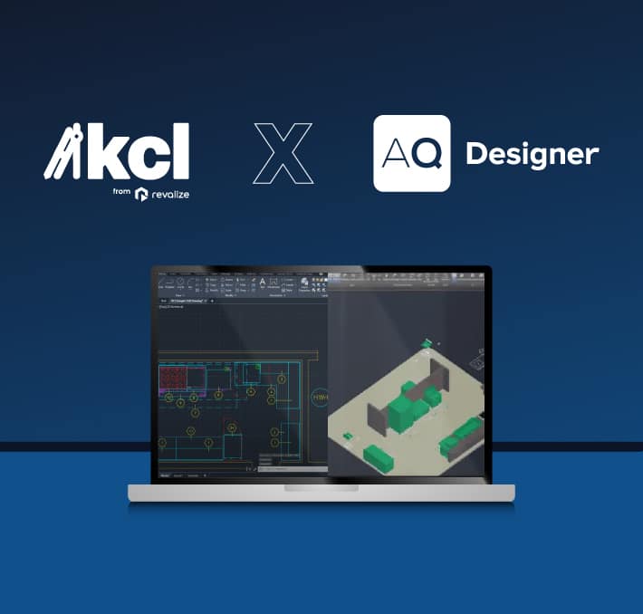 Laptop displaying technical drawings and 3D models, with KCL and AQ Designer logos above, on a blue gradient background.
