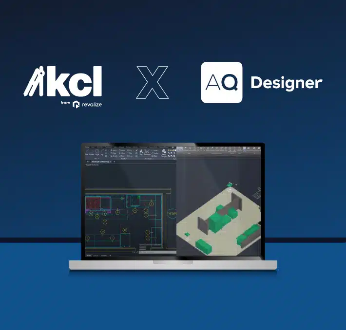 Laptop displaying technical drawings and 3D models, with KCL and AQ Designer logos above, on a blue gradient background.