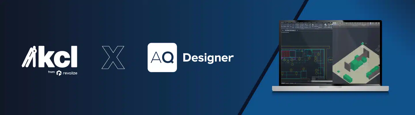 A graphic showing the KCL and AQ Designer logos side by side, with a laptop displaying CAD design software on a blue gradient background.