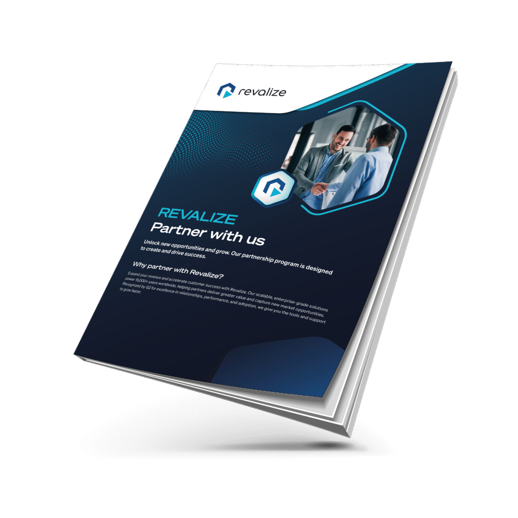 A brochure featuring the Revalize logo, the text Partner with us, and an image of two professionals shaking hands, highlighting the value of joining Revalize Partners.