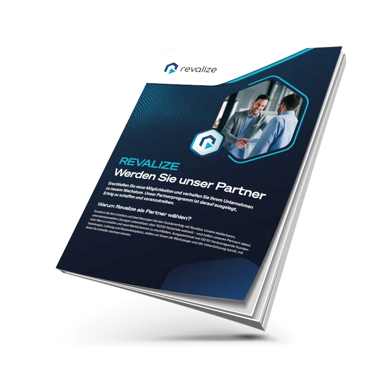 Brochure titled Revalize Werden Sie unser Partner featuring a business meeting image, company logo, and Revalize Partner information in German on the cover.