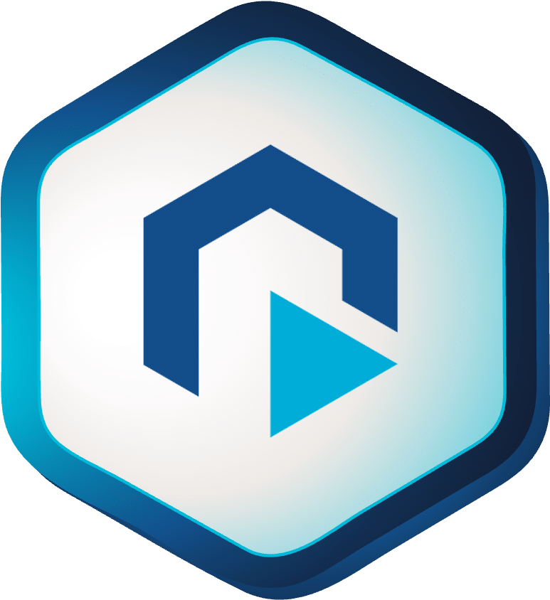 Hexagonal badge with a dark blue border, featuring a geometric design of a stylized R and blue play button inside, representing revalize partners.