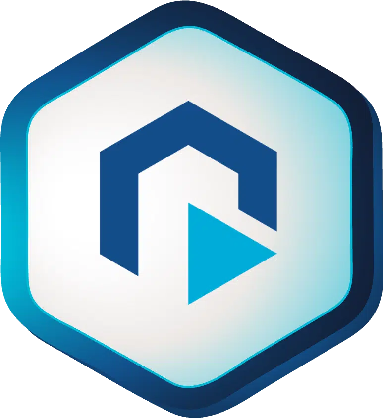 Sechseckiges Abzeichen mit dunkelblauer Umrandung. Es zeigt ein geometrisches Design mit einem stilisierten R und einer blauen Play-Taste im Inneren, die Revalize-Partner repräsentiert.