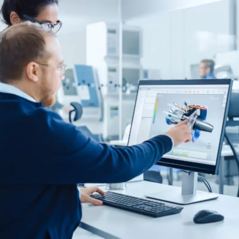 A man points at a mechanical 3D model powered by digital thread software displayed on a computer monitor while a woman looks on in an office or lab setting.