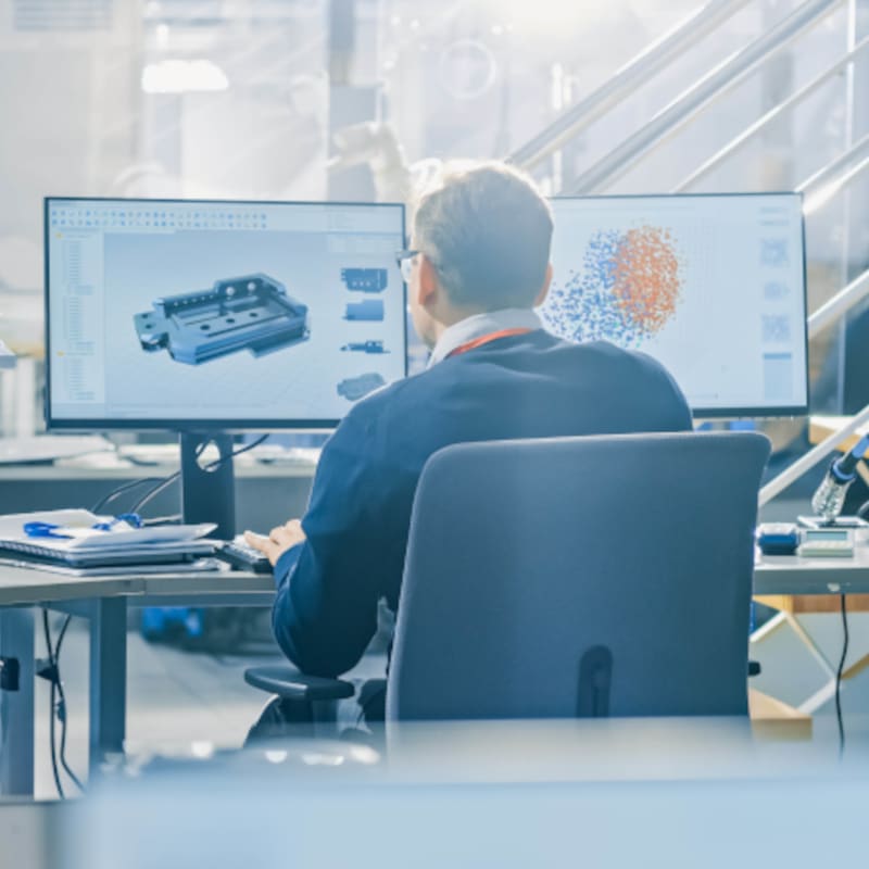 A person sits at a desk in an office, working on dual monitors displaying a 3D mechanical design and data visualization powered by digital thread software.