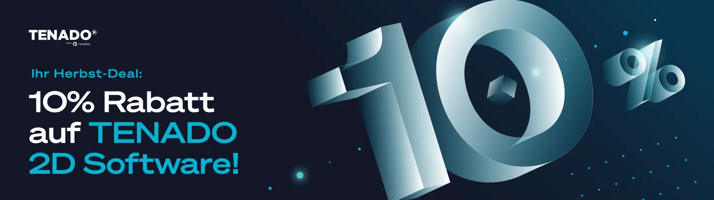 Blaues Werbebanner mit großen 3D 10% und Text: Ihr Herbst-Deal: 10% Rabatt auf TENADO 2D Software! auf dunklem Hintergrund.