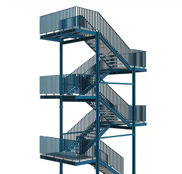 A multi-level outdoor metal construction staircase with blue railings and platforms, viewed from the side, showing three flights of stairs connected by landings.
