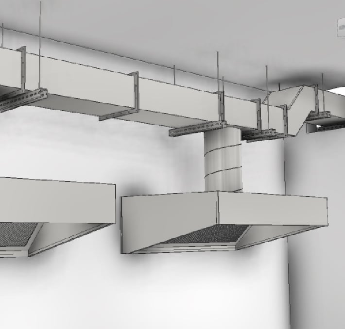 Rechteckiges HVAC-Kanalsystem mit Luftauslässen aus Metall, die an der Decke und an der Wand befestigt sind, dargestellt in einem gerenderten architektonischen Modell mit Betonung der Metallbauelemente.