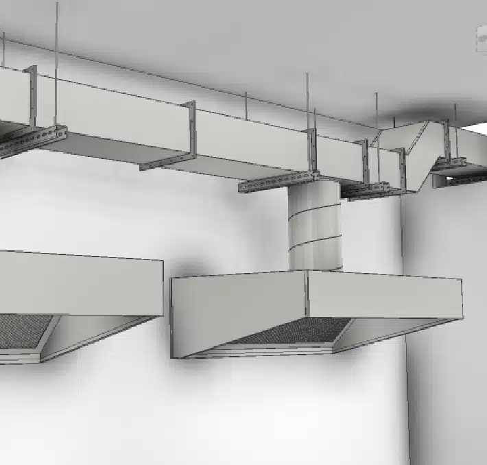 Rectangular HVAC duct system with metal air vents attached to a ceiling and wall, showcased in a rendered architectural model emphasizing metal construction elements.