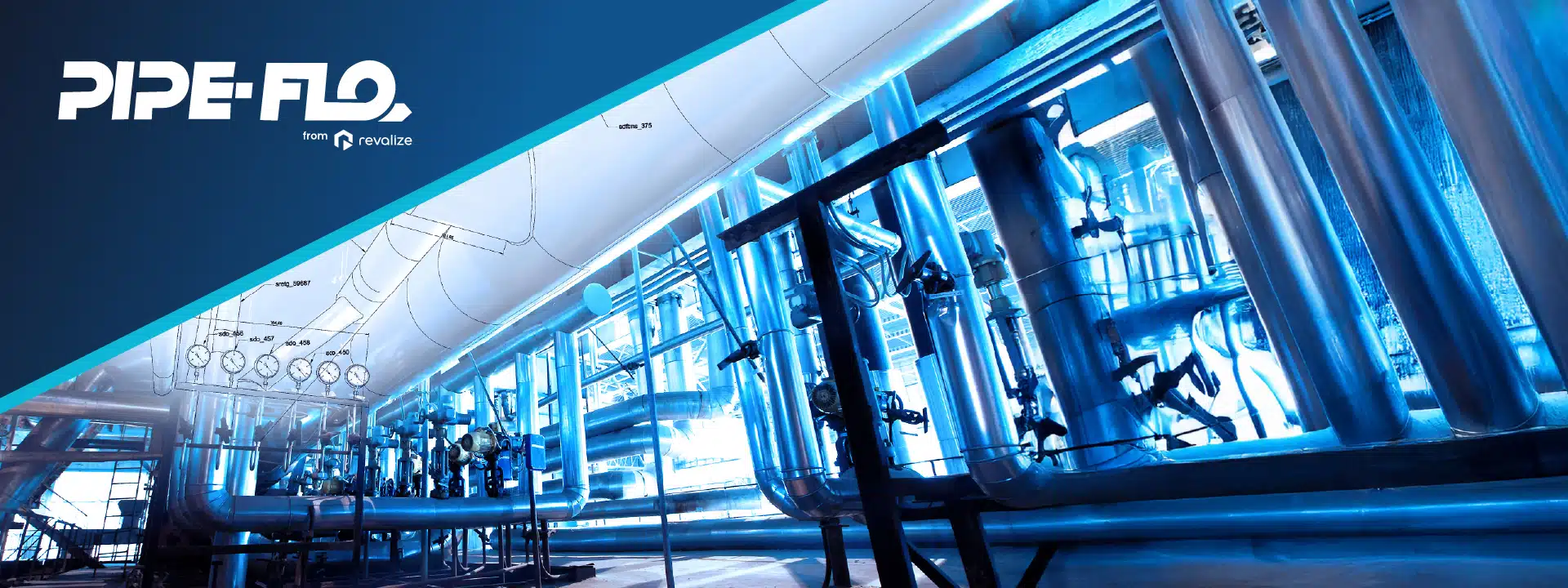 Industrial facility interior showing complex metal piping, gauges, and valves, highlighting advanced cooling system design, with the PIPE-FLO logo and blue gradient banner at the top left corner.