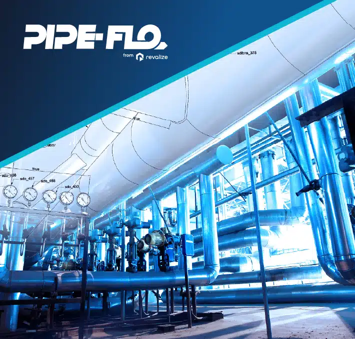 Industrial facility with blue-toned piping and gauges, featuring the PIPE-FLO logo and schematic overlay on the top left corner—ideal for optimizing cooling system design.
