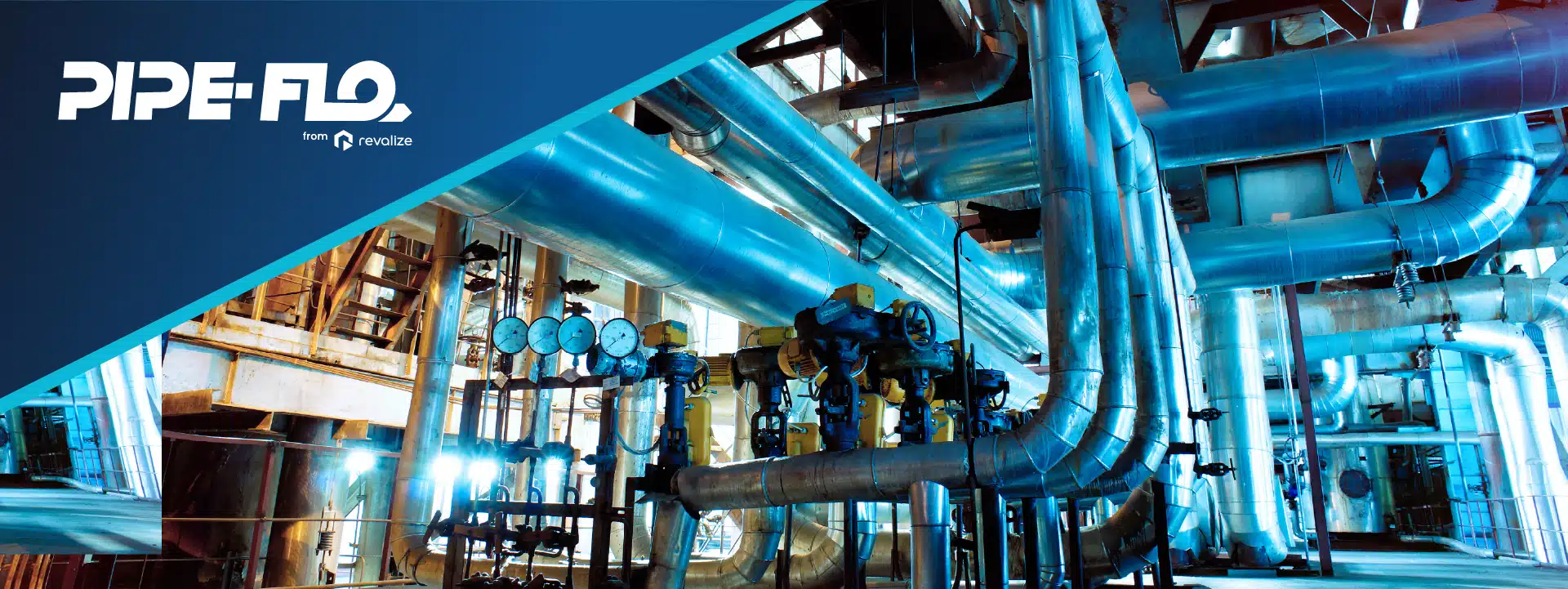 Large industrial facility featuring numerous metal pipes, valves, and gauges—ideal for advanced cooling system design; PIPE-FLO from Revalize logo displayed in the upper left corner.