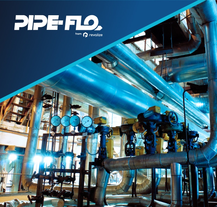 Industrial facility with large metal pipes, valves, and pressure gauges—ideal for cooling system design—overlaid with the PIPE-FLO logo and Revizize branding in the top left corner.