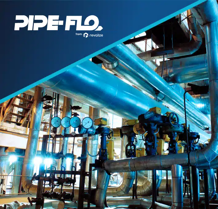 Industrial facility with large metal pipes, valves, and pressure gauges—ideal for cooling system design—overlaid with the PIPE-FLO logo and Revizize branding in the top left corner.