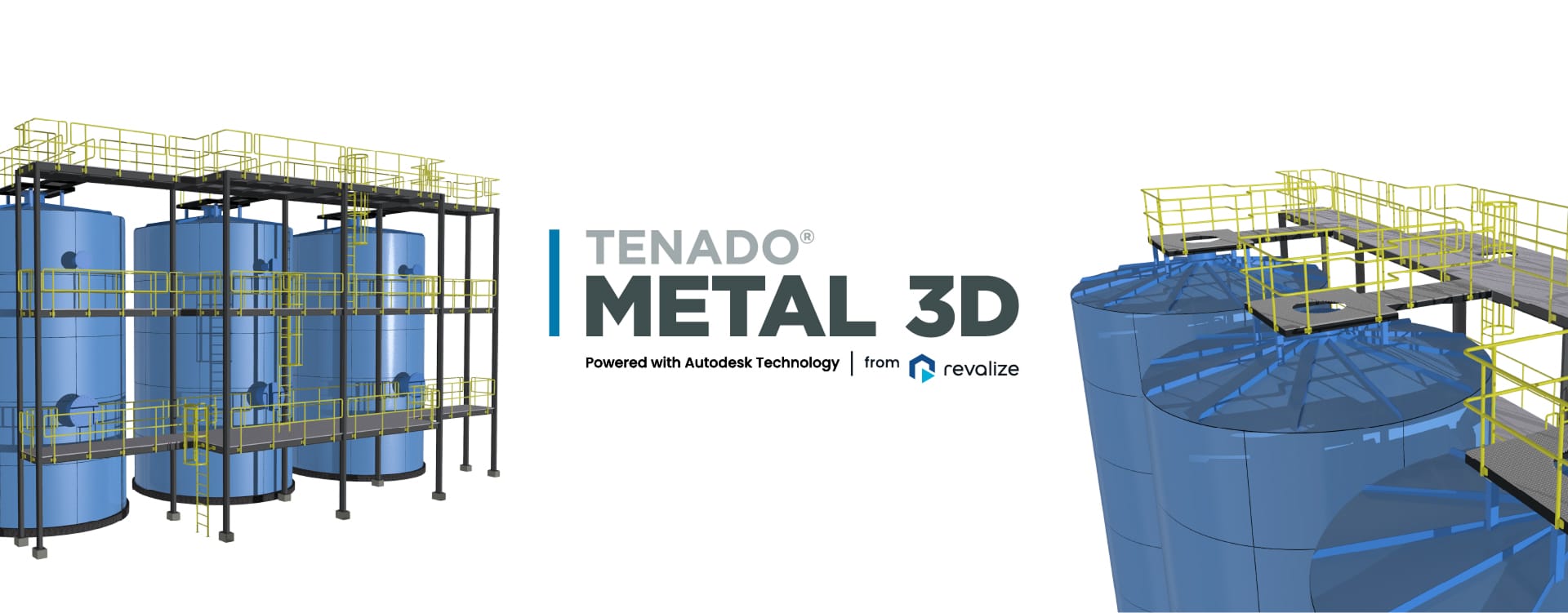 3D render of large industrial metal construction tanks with walkways and railings, accompanied by the TENADO METAL 3D and Revalize logos.