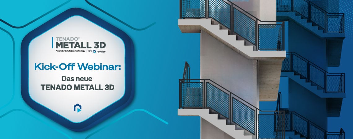 A blue-toned promotional banner for a TENADO METALL 3D kickoff webinar in German, next to a photo of an exterior concrete staircase with metal railings.