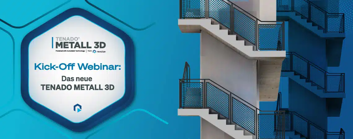 A blue-toned promotional banner for a TENADO METALL 3D kickoff webinar in German, next to a photo of an exterior concrete staircase with metal railings.