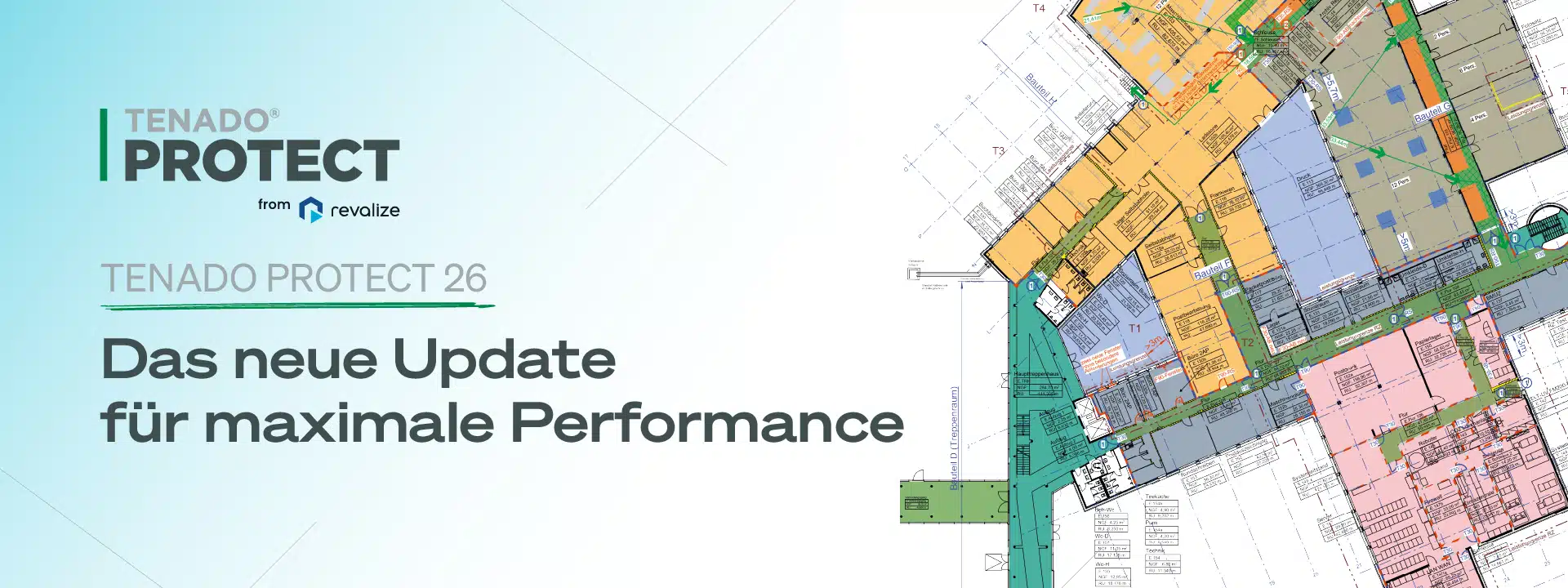 Promotional graphic for TENADO PROTECT 26 software update, featuring architectural floor plans and text in German about improved performance.