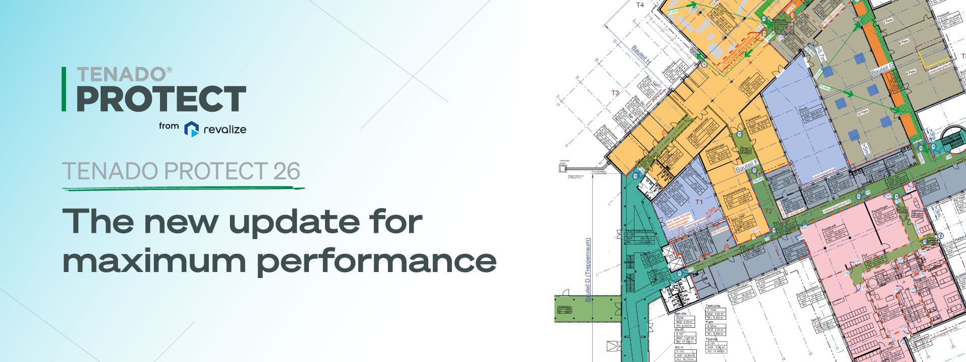 TENADO Protect 26 promotional image featuring a colorful technical floor plan and text announcing a new update for maximum performance.
