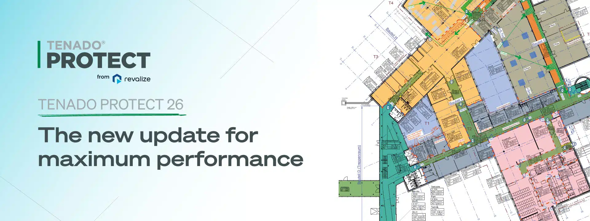 TENADO Protect 26 promotional image featuring a colorful technical floor plan and text announcing a new update for maximum performance.