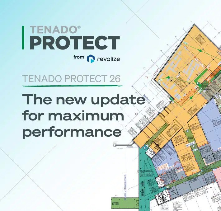 TENADO Protect 26 update announcement with architectural floor plan background and text highlighting maximum performance improvements from Revalize.