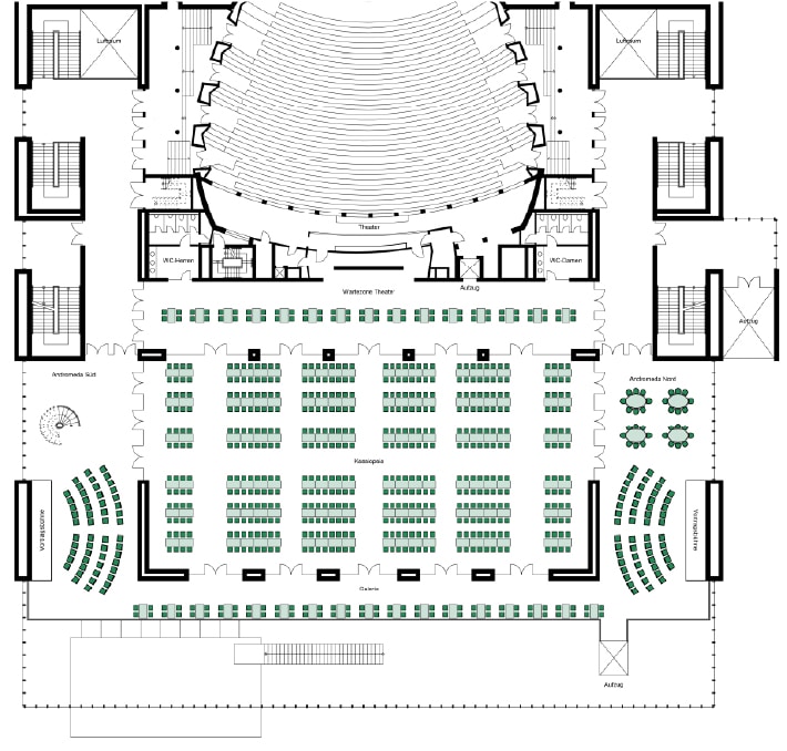 Architectural floor plan showing a theater with tiered seating, reception area with multiple tables and chairs, and various adjacent rooms and entrances.