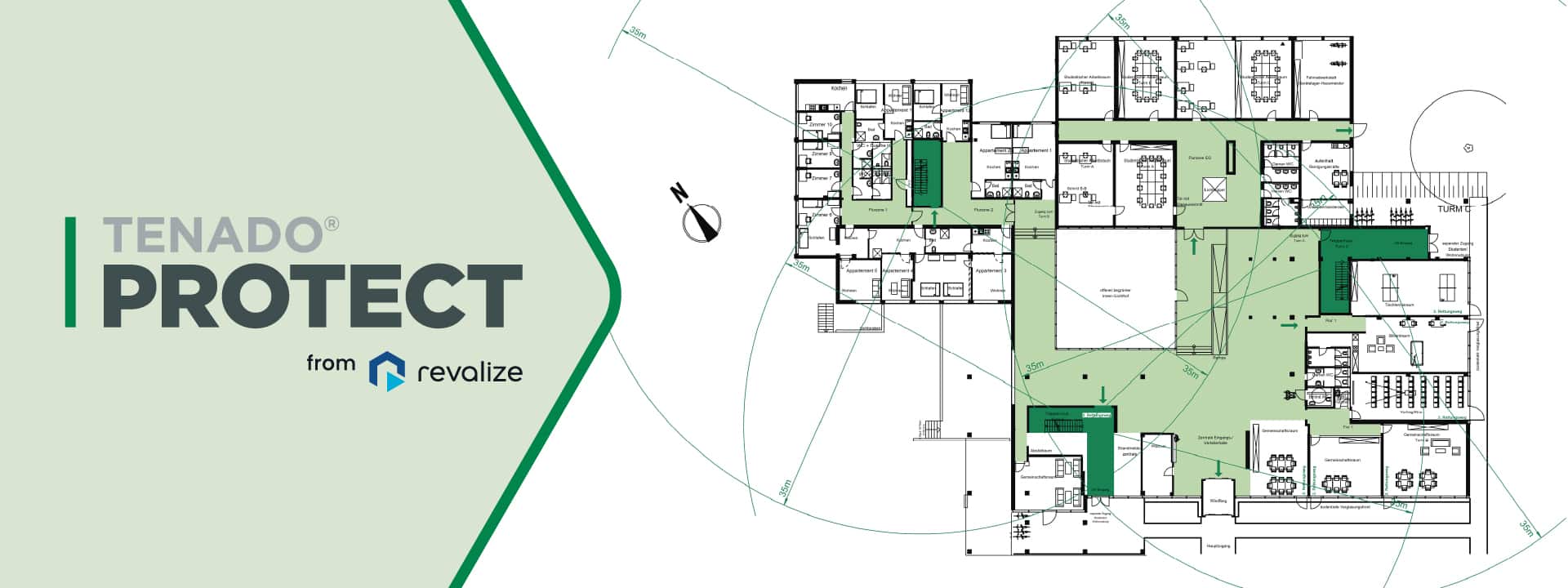 Blueprint layout of a building with green highlighted sections, featuring the text TENADO PROTECT from Revalize on the left side.