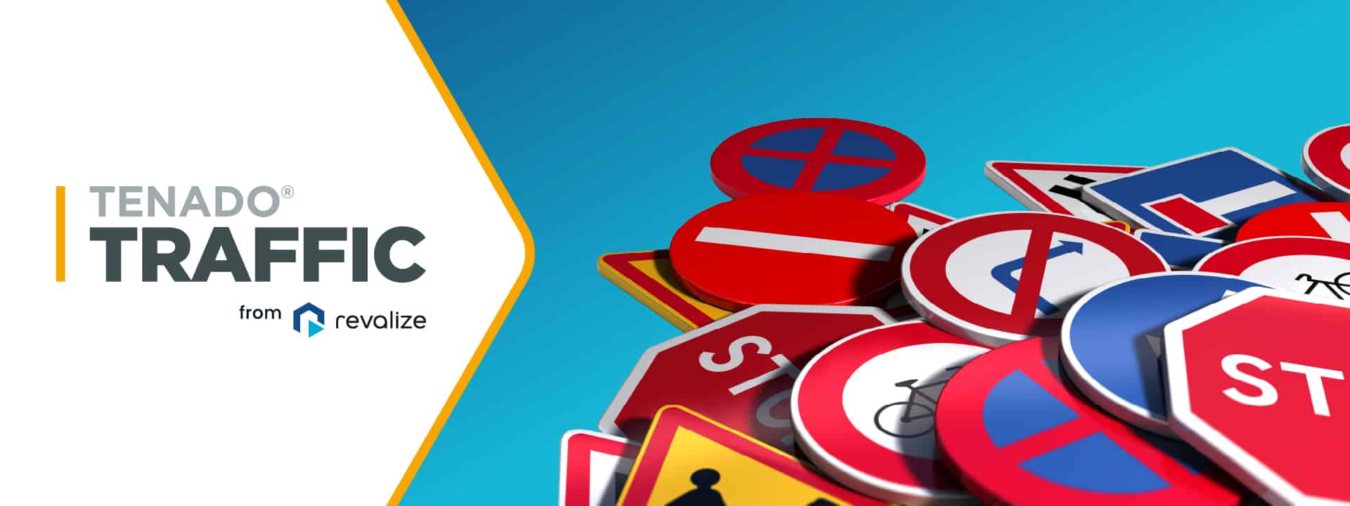 A pile of various metal construction traffic signs is shown on the right, while the left side displays the text TENADO TRAFFIC from revalize on a white and blue background.