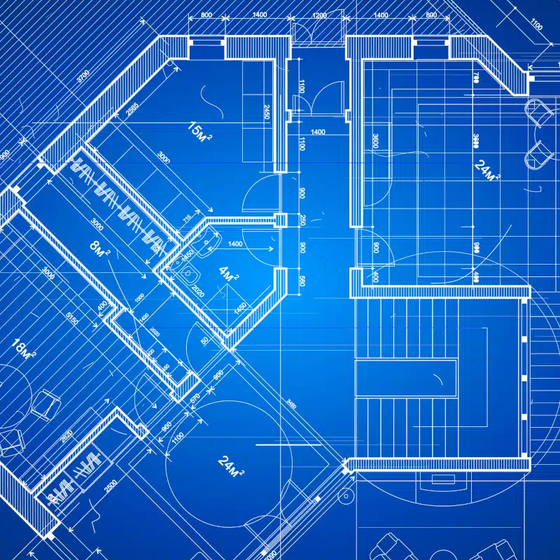 Blueprint of a building floor plan showing rooms, doors, windows, walls, measurements, and layout details on a blue background—ideal for integration with Illuminating Engineering Software.