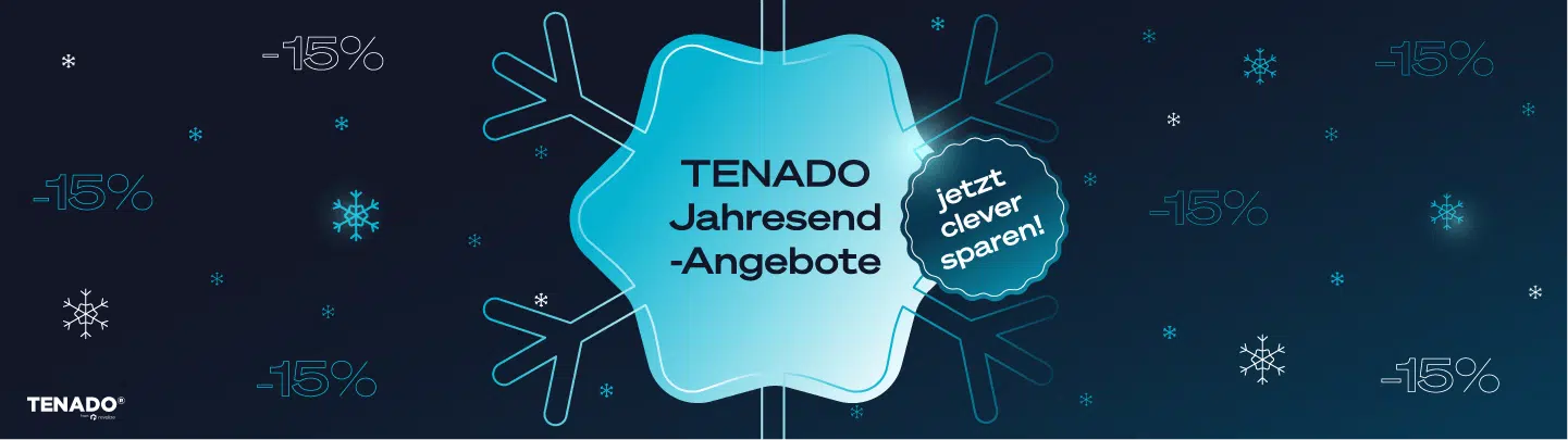 Blue promotional banner with snowflakes and text: TENADO Jahresend-Angebote and jetzt clever sparen! Highlighting several -15% discount signs in the background, perfect for showcasing TENADO pricing campaigns.
