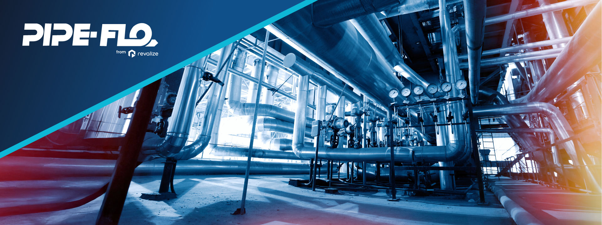 Interior view of an industrial facility with numerous pipes, gauges, and metal structures; highlights monitoring to prevent cooling system failure. PIPE-FLO from Revalize logo in the upper left corner.
