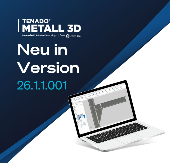 A promotional graphic for TENADO METALL 3D, showing a laptop with engineering software and text: Neu in Version 26.1.1.001.